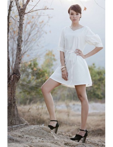 Dalia Elegance Wide V-Neck Cotton Linen Dress, White