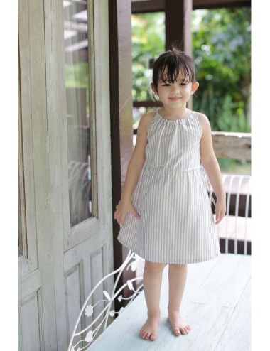 Renie Stripe Cotton Kids Dress, Grey