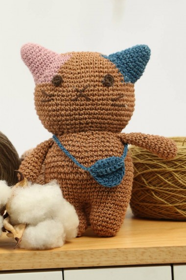 Natural Dyed Cotton Crochet Doll, Kitty Cat, Brown-Blue