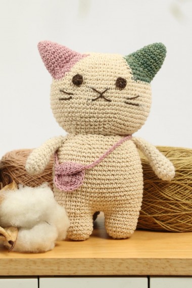 Natural Dyed Cotton Crochet Doll, Kitty Cat, White-Pink