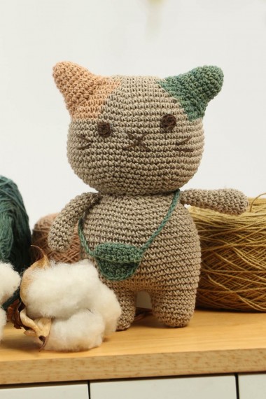 Natural Dyed Cotton Crochet Doll, Kitty Cat, Grey-Green