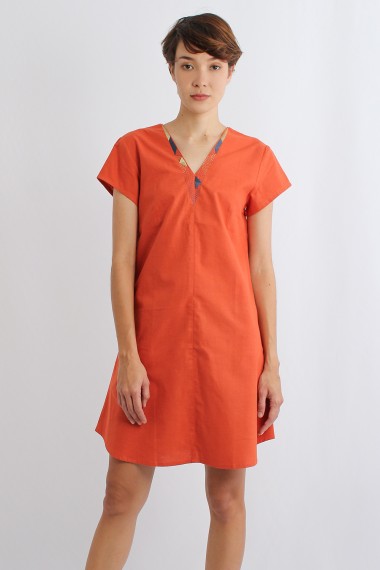 Ogin Cotton Linen V Dress, Orange