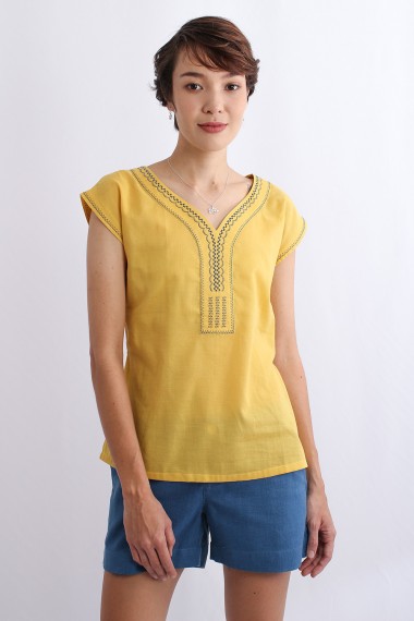Aquarius Embroidered Cotton Blouse, Yellow Bamboo