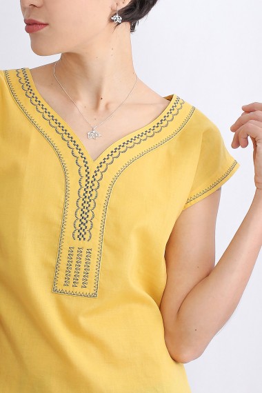 Aquarius Embroidered Cotton Blouse, Yellow Bamboo