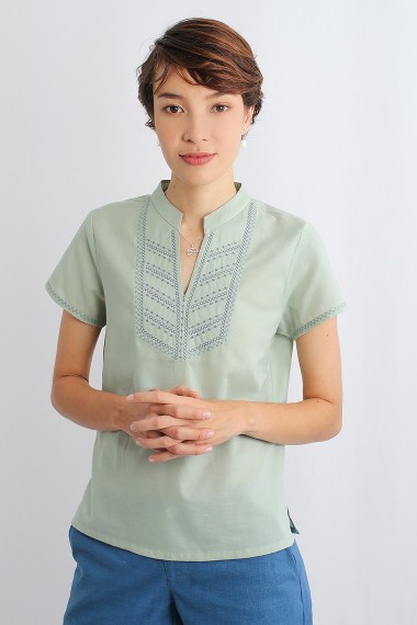 Holme Embroidered Mandarin Collar Blouse, Green, Dark Aquamarine