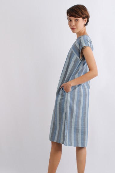 Lia Indigo Stripe Linen Wrap Dress - Sustainable Style – All The