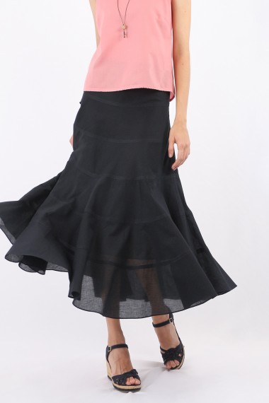 Bell Bias-Cut Tiered Cotton Flare Skirt, Black
