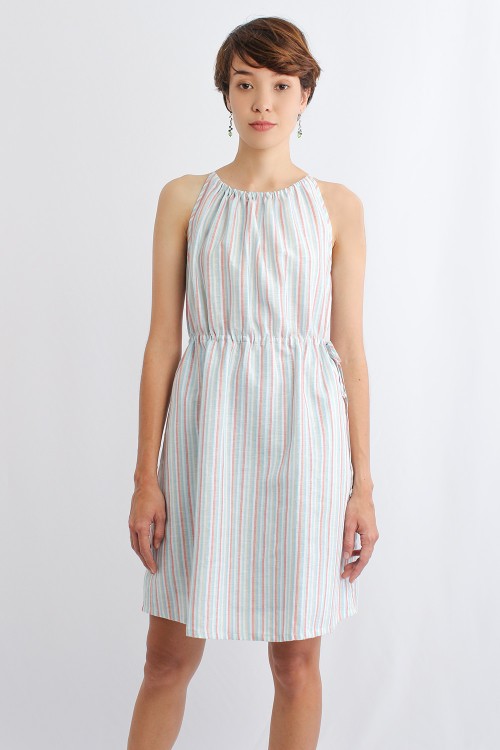 Renie Strip Linen Dress, Printed Linen
