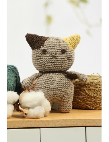 Natural Dyed Cotton Crochet Doll, Kitty Cat, Grey-Yellow
