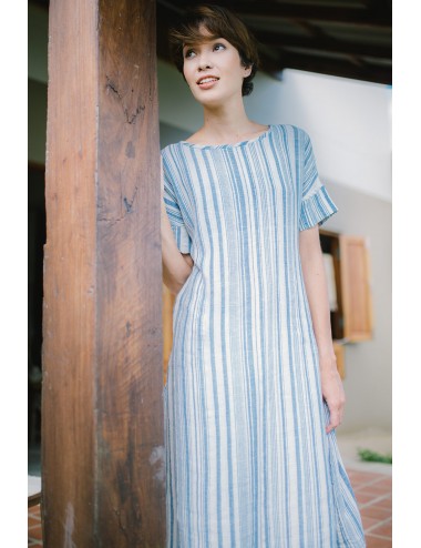 Biscus Cotton Linen Dress, Stripe Dress, Blue